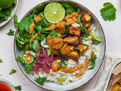 Crispy Sweet Chilli Tofu and Aubergine Rice Bowls