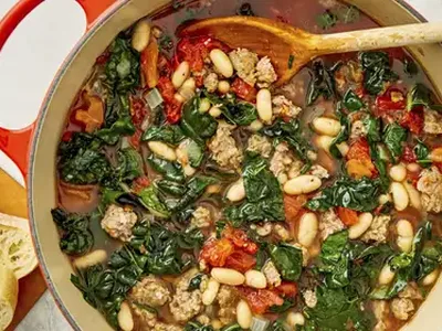 Italian Sausage White Bean Kale Soup with Fire Roasted Tomatoes