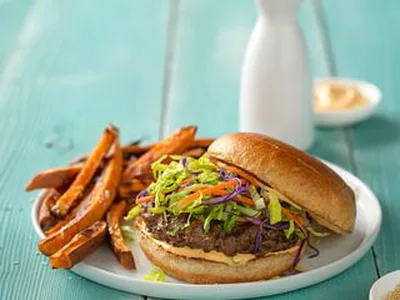 Asian-Style Grilled Beef Burgers with Sesame Slaw
