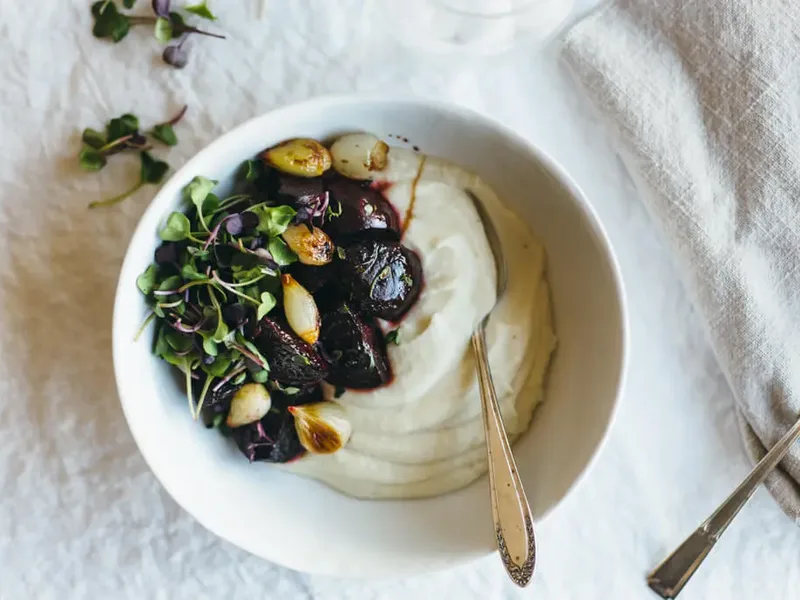 Celery Root Puree with Balsamic Roasted Beets and Pearl Onions