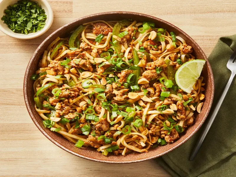 Sweet Spicy Ground Beef Lo Mein Stir-Fry with Peanuts