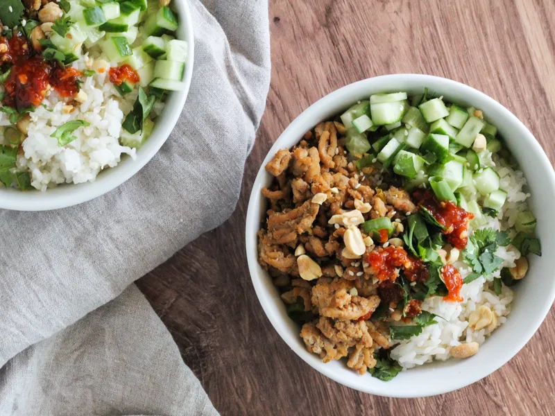 Sweet and Spicy Ground Chicken Rice Bowls