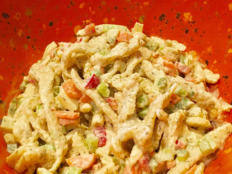 German Spatzle Salad with Apple and Vegetables