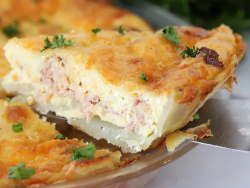 Ham and Cheese Potato Crust Quiche with Bacon and Swiss