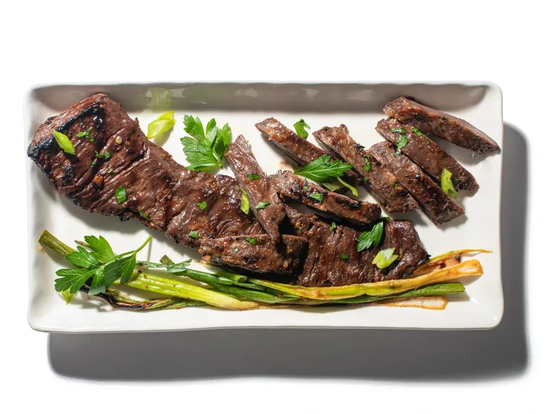 Grilled Skirt Steak with Soy Ginger Marinade and Spring Onions