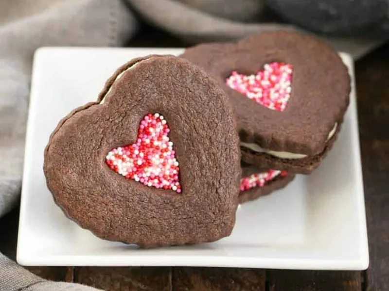 Chocolate Heart Sandwich Cookies with White Chocolate Ganache