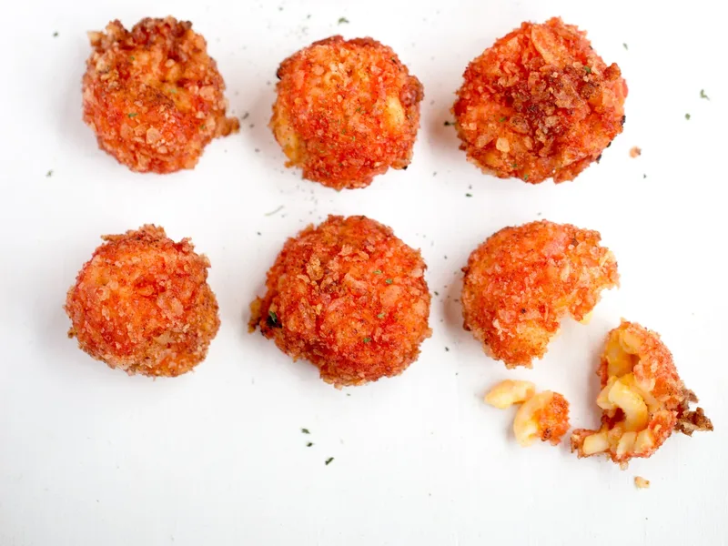 Fried Macaroni and Cheese Balls with Ketchup Chip Coating
