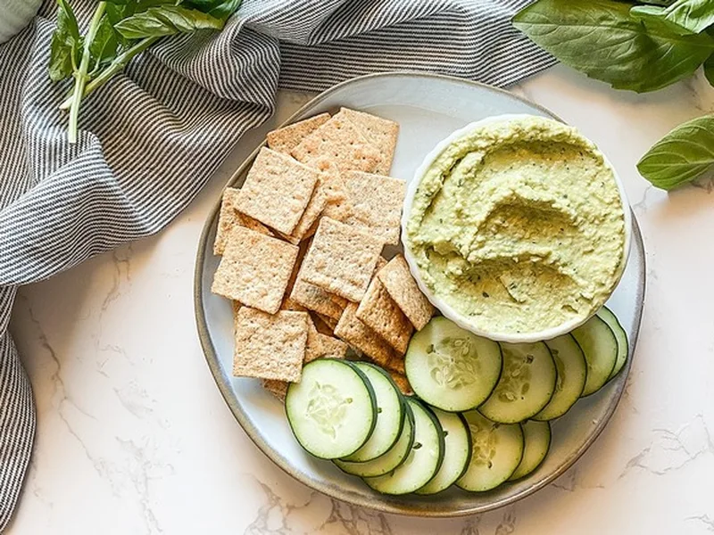 Pesto Hummus with Parmesan and Pine Nuts