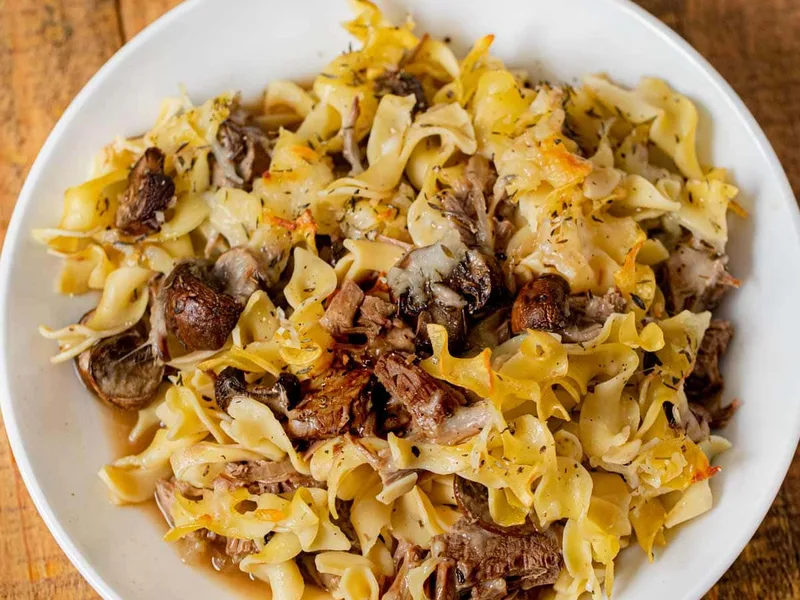 French Onion Leftover Beef Noodle Bake with Mozzarella