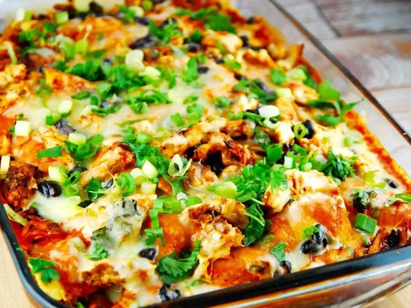 Easy Layered Chicken Enchilada Casserole - New Mexican Style