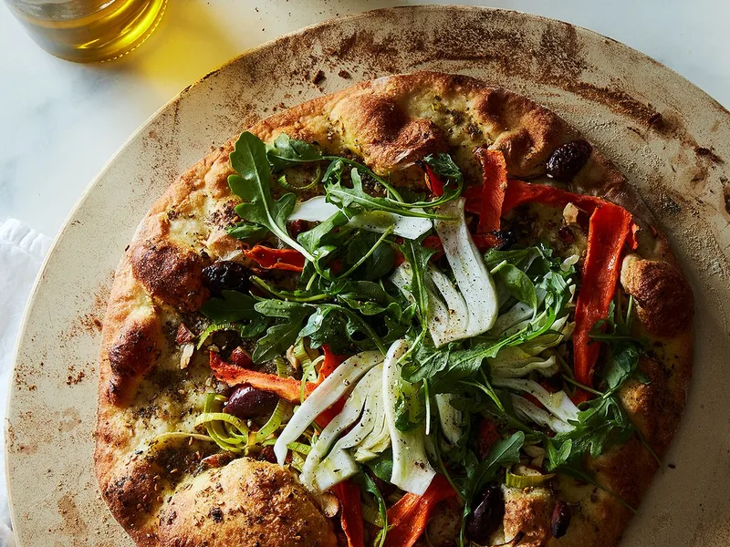 Za'atar Carrot Leek Flatbread with Almond Fennel Salad