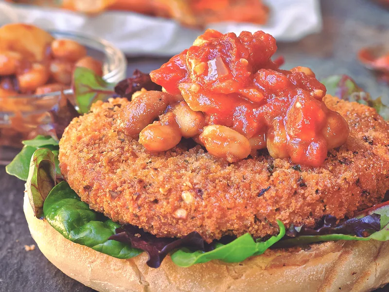 Crispy Quorn Patties with Spicy BBQ Beans and Herb Fries