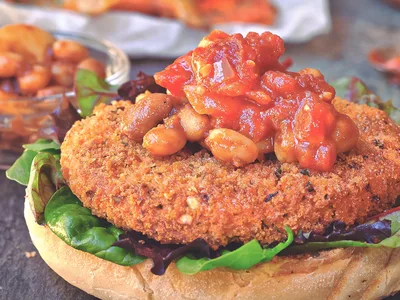 Crispy Quorn Patties with Spicy BBQ Beans and Herb Fries