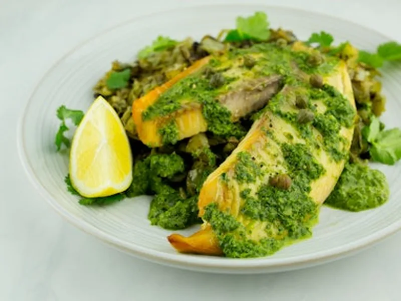 Baked Tilapia with Herb Sauce and Sauteed Cabbage