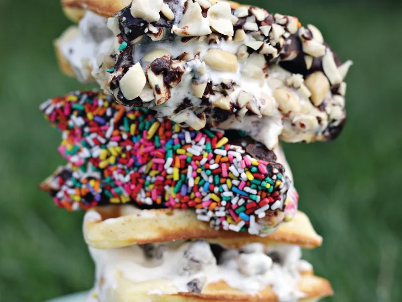 Cookie Dough Ice Cream Waffle Sandwiches with Chocolate