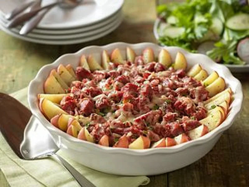 Rustic Corned Beef and Potato Bake with Swiss and Horseradish