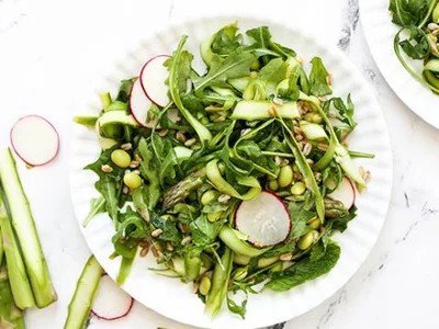 Shaved Asparagus Salad with Farro, Edamame, and Mint