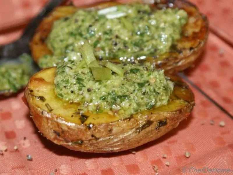 Rustic Baked Potatoes with Homemade Basil Pesto