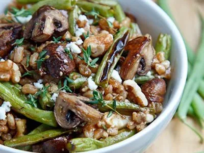 Roasted Mushroom Green Bean Farro Salad with Balsamic
