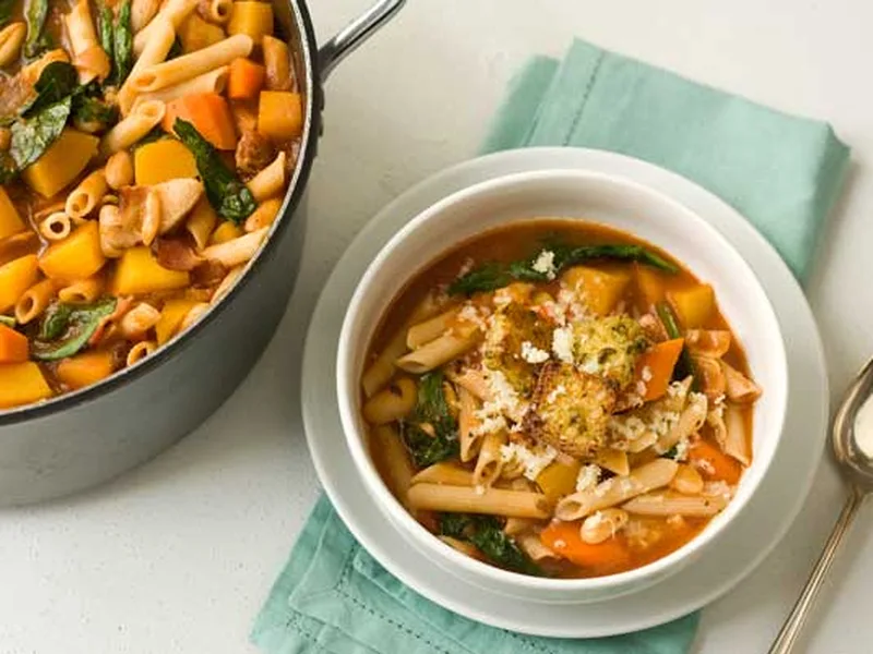 Gluten Free Minestrone Soup with Bacon and Pesto Croutons