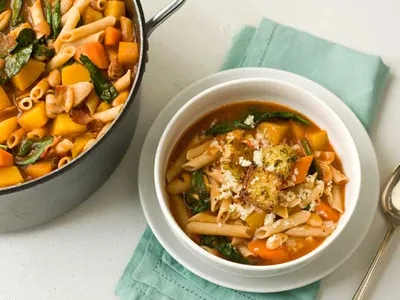 Gluten Free Minestrone Soup with Bacon and Pesto Croutons