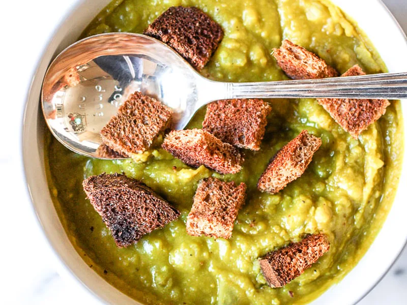 Slow Cooker Vegan Split Pea Soup with Garlic Croutons
