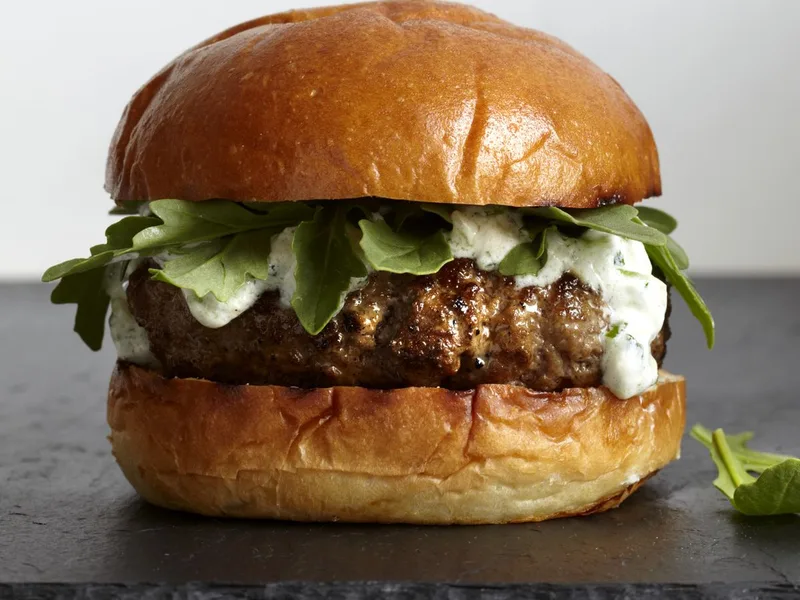 Grilled Lamb Burgers with Homemade Tzatziki and Arugula