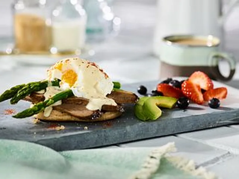 Smoked Beef Brisket Benedict with Steamed Asparagus