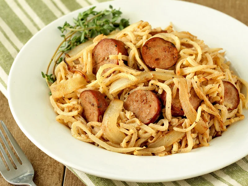 Spiralized Turnip Noodles with Chicken Sausage and Dijon Cream