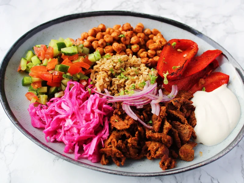 Shawarma Bowl with Spiced Chickpeas and Cucumber Salad
