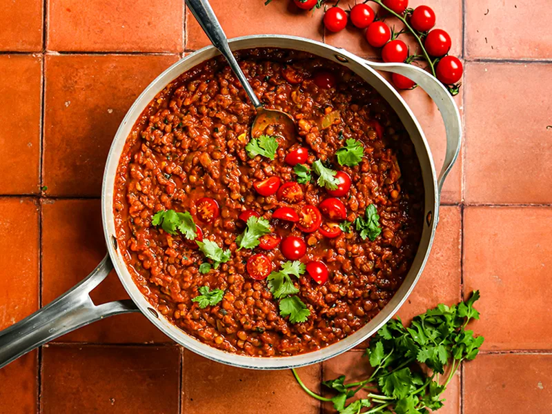 Creamy Coconut Brown Lentil Curry with Fresh Tomatoes