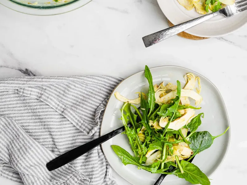 Raw Shaved Artichoke Salad with Spinach and Dandelion Greens