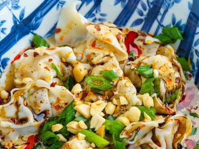 Cold Shanghai Wontons in Peanut Sauce and Chili Oil