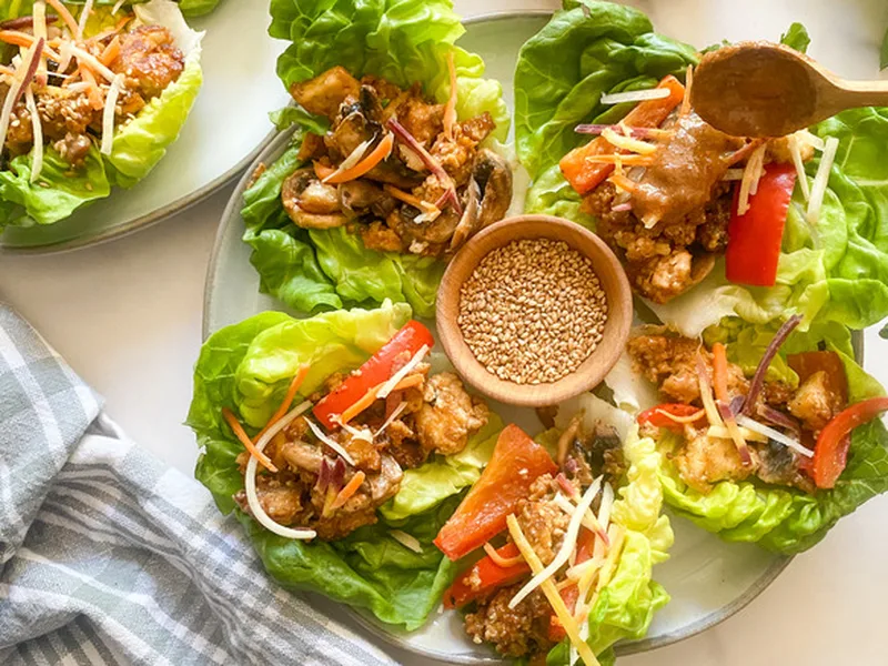 Thai Crispy Tofu Lettuce Wraps with Peanut Sauce