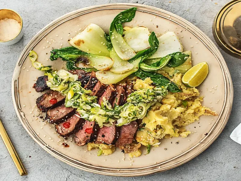 Hoisin-Marinated Rib-Eye Steak with Scallion Pesto and Bok Choy