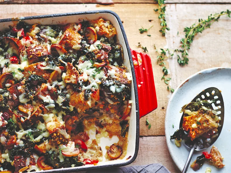 Vegetable and Cheddar Strata with Kale and Mushrooms