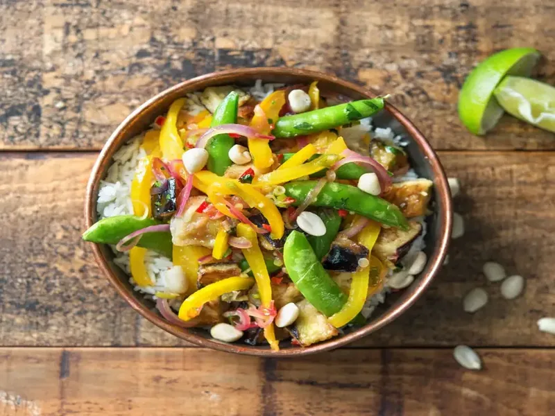 Hoisin Eggplant Stir-Fry with Brown Rice and Snap Peas