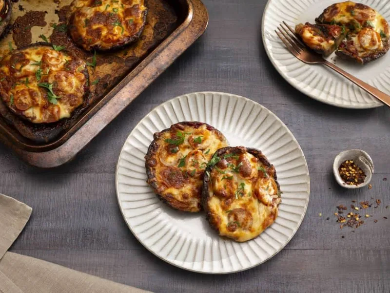 Mediterranean Portobello Pizzas with Melted Mozzarella