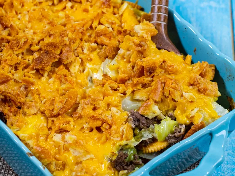 Ground Beef and Cabbage Casserole with Cheddar and Ritz Topping