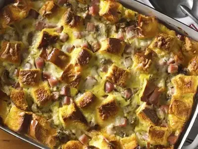 Ham and Mushroom Egg Casserole with Challah and Fontina