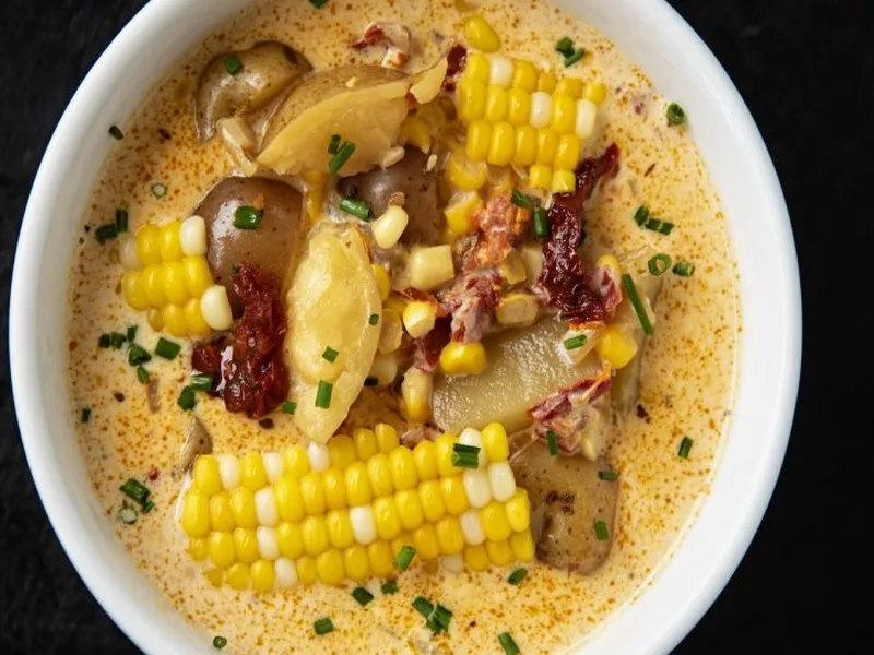 Smoky Chipotle Corn Chowder with Crispy Cheese Croutons