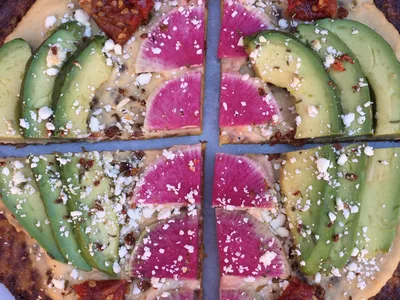 Cauliflower Crust Pizza with Hummus and Fresh Toppings