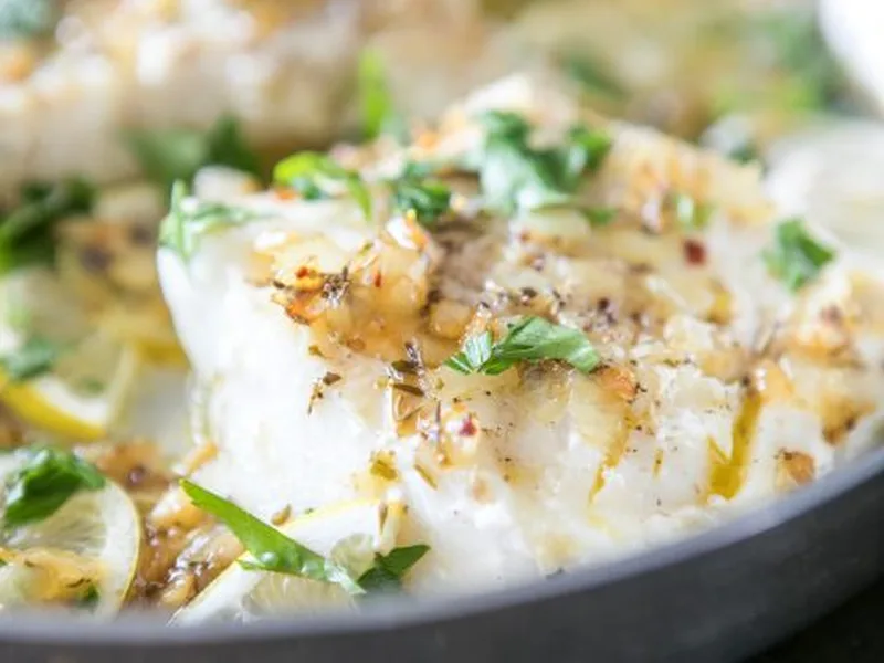 Pan Seared Cod with Garlic Lemon Herb Sauce