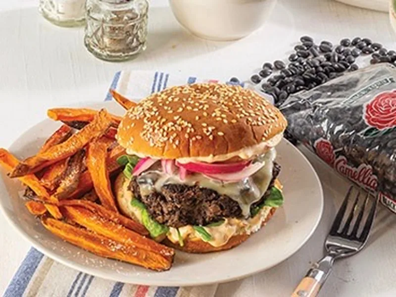 Camellia Black Bean Burgers with Crispy Sweet Potato Fries
