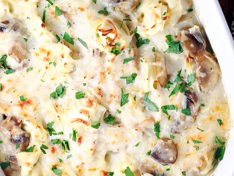 Creamy Chicken Mushroom Tortellini Bake with Melted Cheese