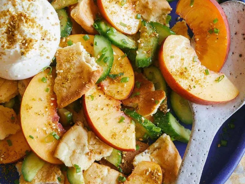 Peach and Pita Panzanella Salad with Burrata and Homemade Dukkah
