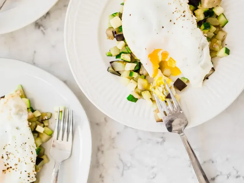Keto Breakfast Hash with Sautéed Vegetables and Runny Eggs
