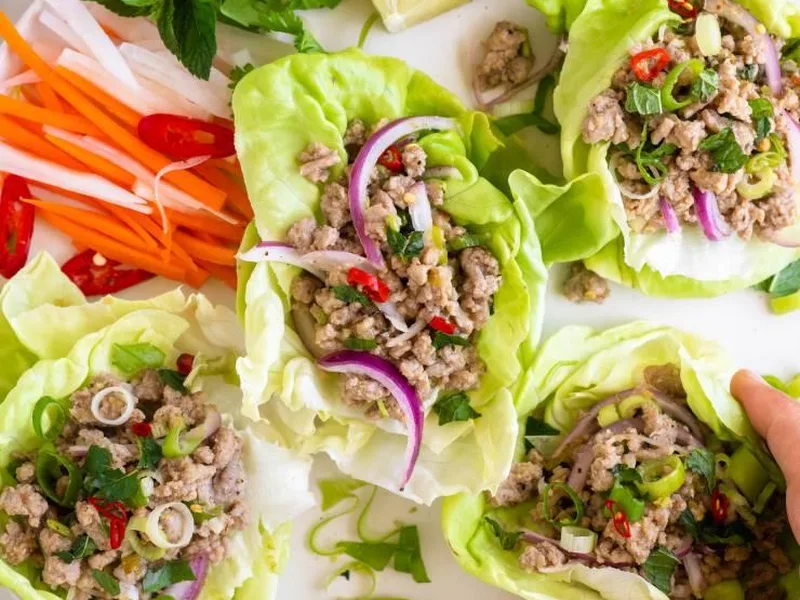 Thai Turkey Larb with Toasted Rice and Lettuce Wraps