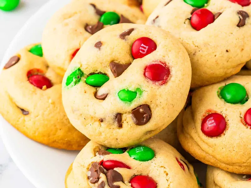 Chewy M&M Christmas Cookies with Chocolate Chips