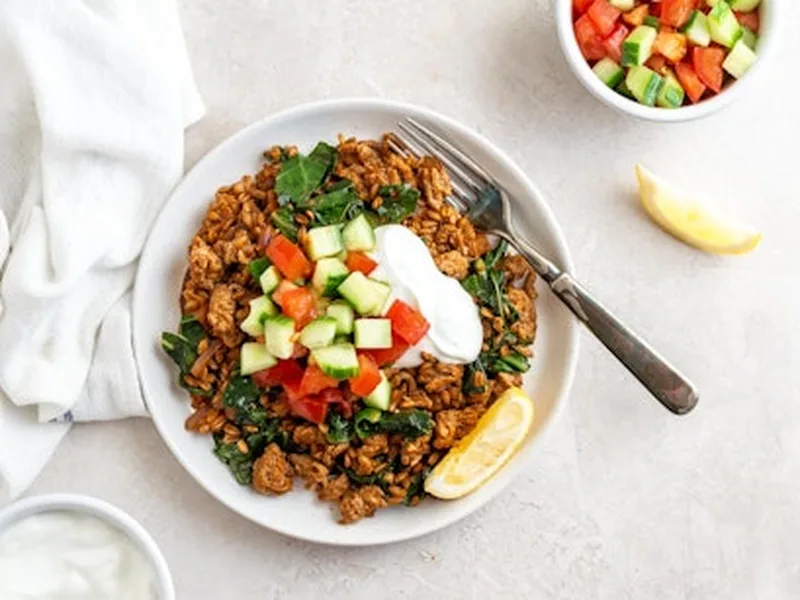 Berbere Spiced Farro and Ground Turkey Saute with Collards
